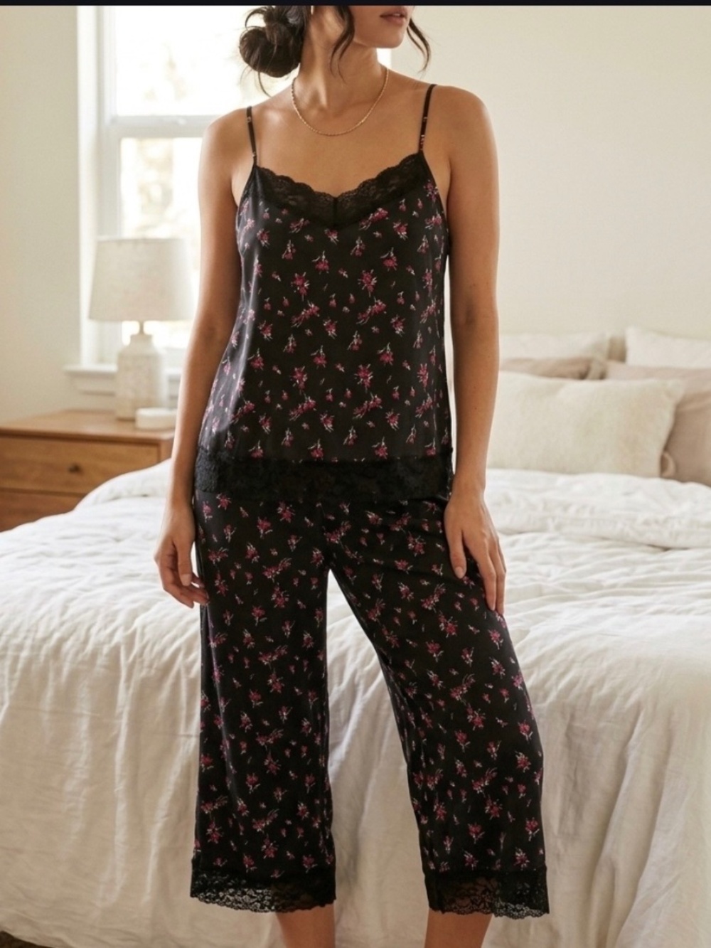 Victoria's Secret Heavenly Floral Lace Cami M & Wide-Leg S Pajama Set Black Pink